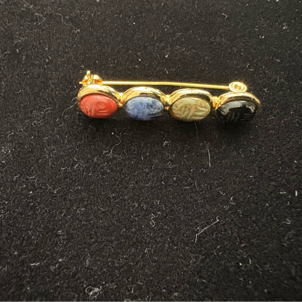 Vintage Egyptian Revival Genuine Gemstones Gold Plated Scarab Bar Brooch